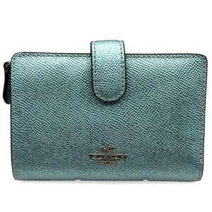 Coach Medium Corner Zip Wallet Metallic Blue Crossgrain Leather Bifold Snap Tab